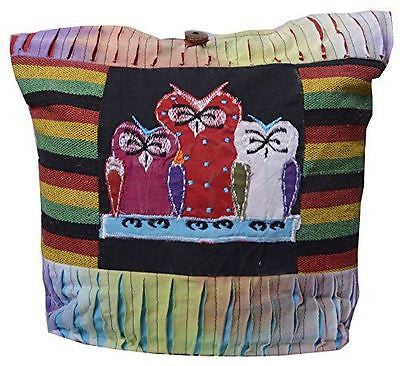 Multicolored Summer Ladies Canvas Shoulder Tote Messenger Bag with Three Owl embroidery - TATTOPANI