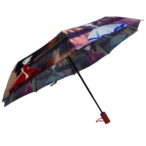 Colorful ladies umbrella with printed city girls. Both automatic opening and closing (3570 Orange) - craze-trade-limited
