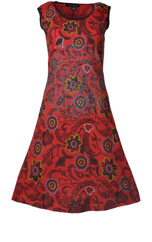 Red Embroidered Floral Printed Sleeveless Dress.(NO REFUND/ NO EXCHANGE) - craze-trade-limited