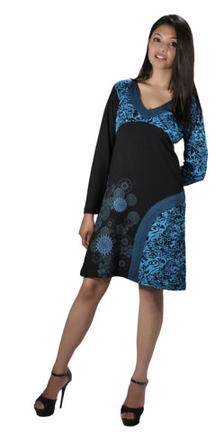 V-Neck Long Sleeved Dress With Floral Print. - TATTOPANI